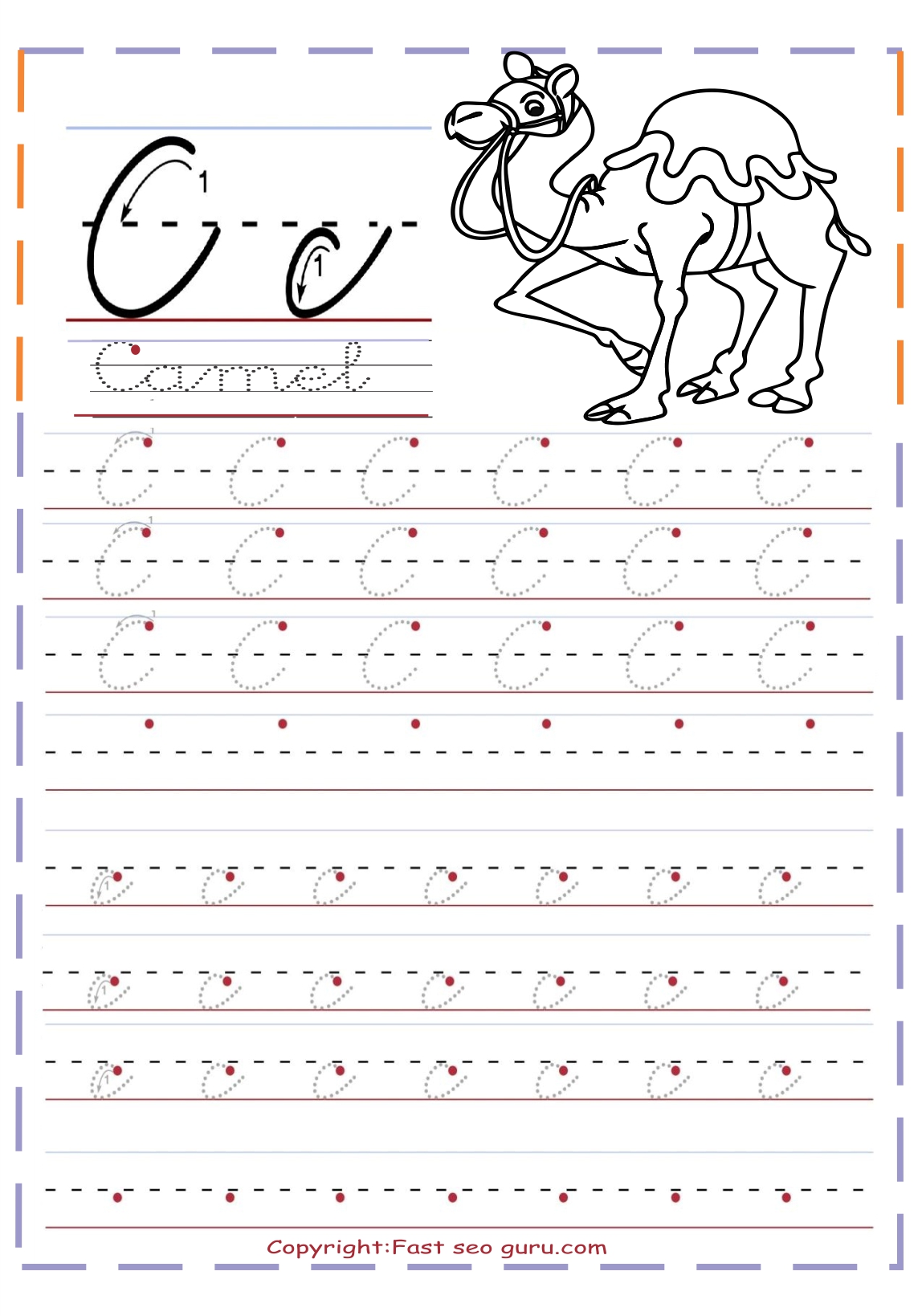 Printable cursive tracing handwriting practice worksheets letter C